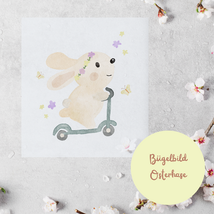 Bügelbild Osterhase auf dem Roller