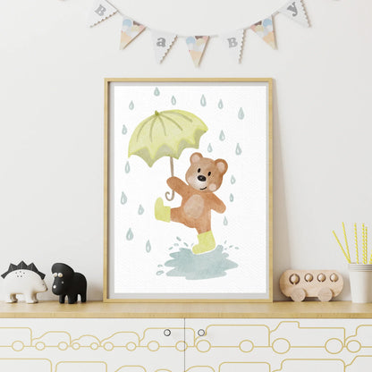 Herbst Kinderposter - Bär mit Regenschirm