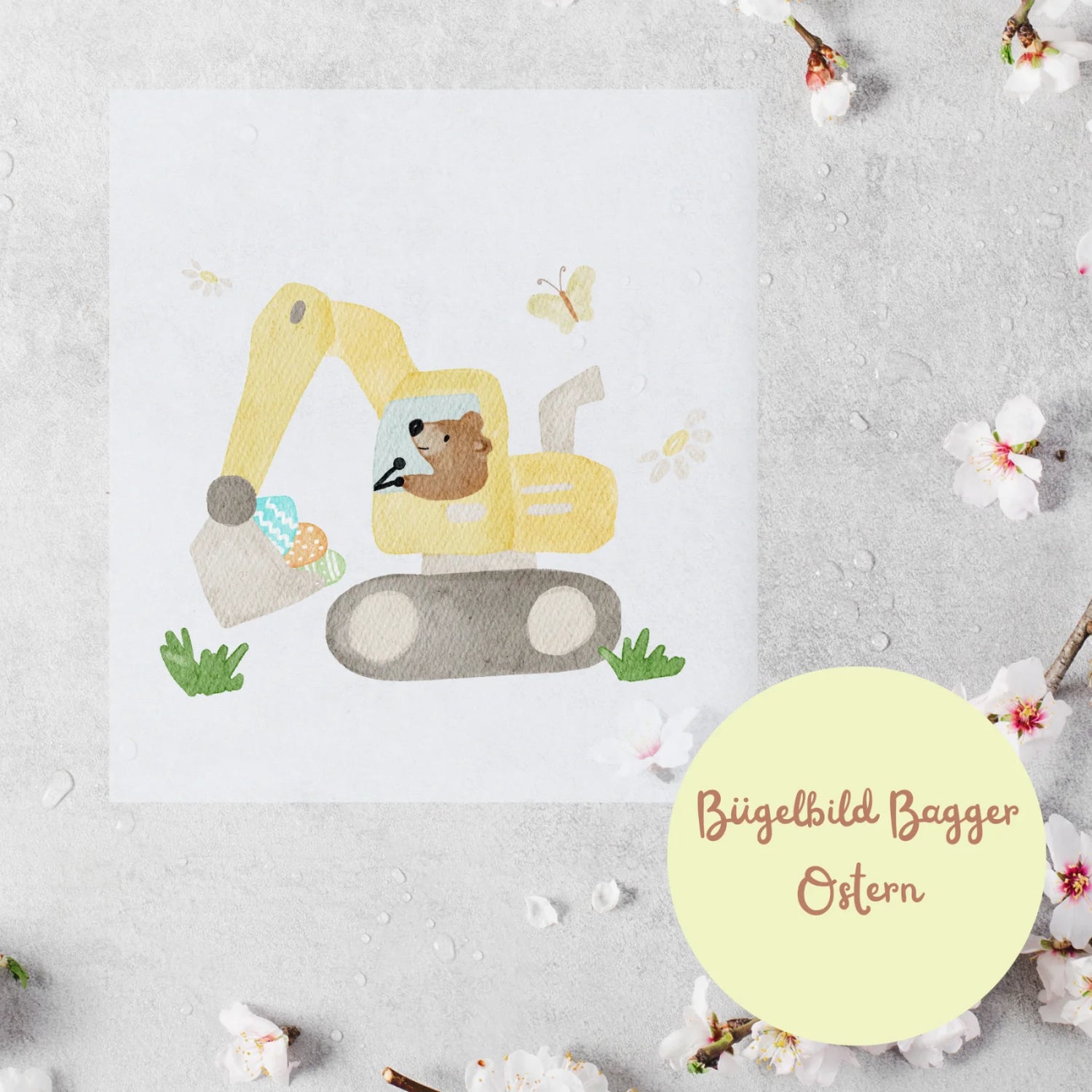 Bügelbild Bagger Bär auf Ostereiersuche