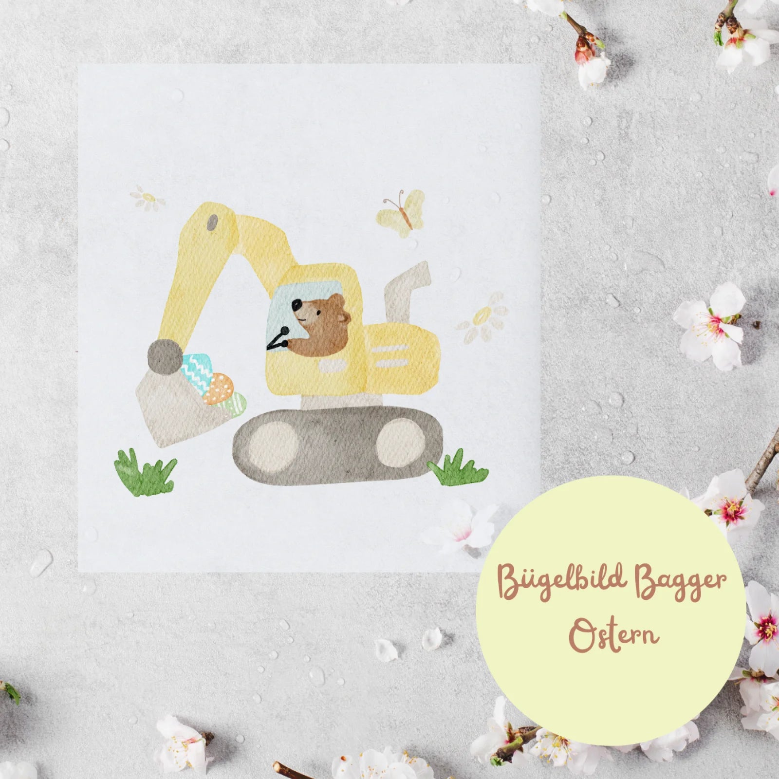 Bügelbild Bagger Bär auf Ostereiersuche