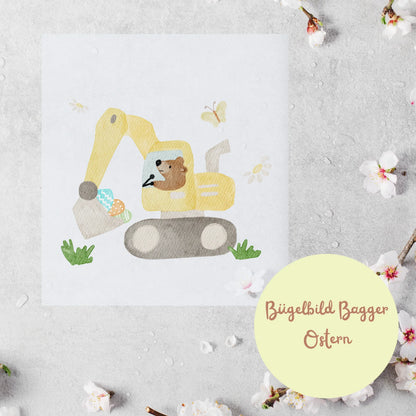 Bügelbild Bagger Bär auf Ostereiersuche