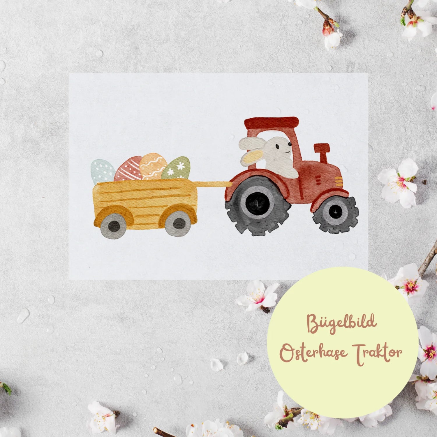 Bügelbild Osterhase im Traktor