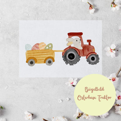 Bügelbild Osterhase im Traktor