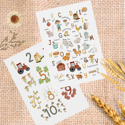 Posterset Lernposter ABC Bauernhof, Zahlenposter 1-10 im A3, A4 Format