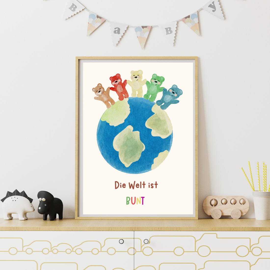 Farbenfrohes Kinderposter „Die Welt ist bunt“ – Bären