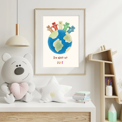 Farbenfrohes Kinderposter „Die Welt ist bunt“ – Bären