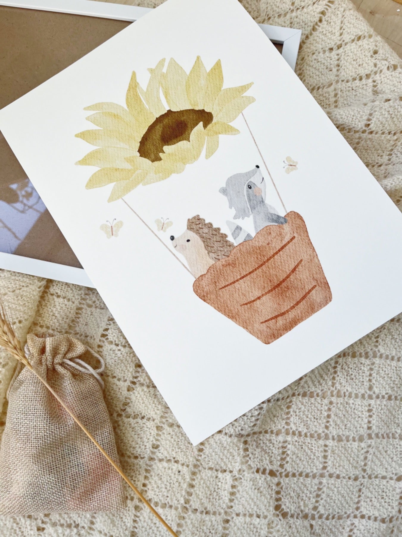 Kinderposter Heißluftballon "Sonnenblume Igel und Waschbär"