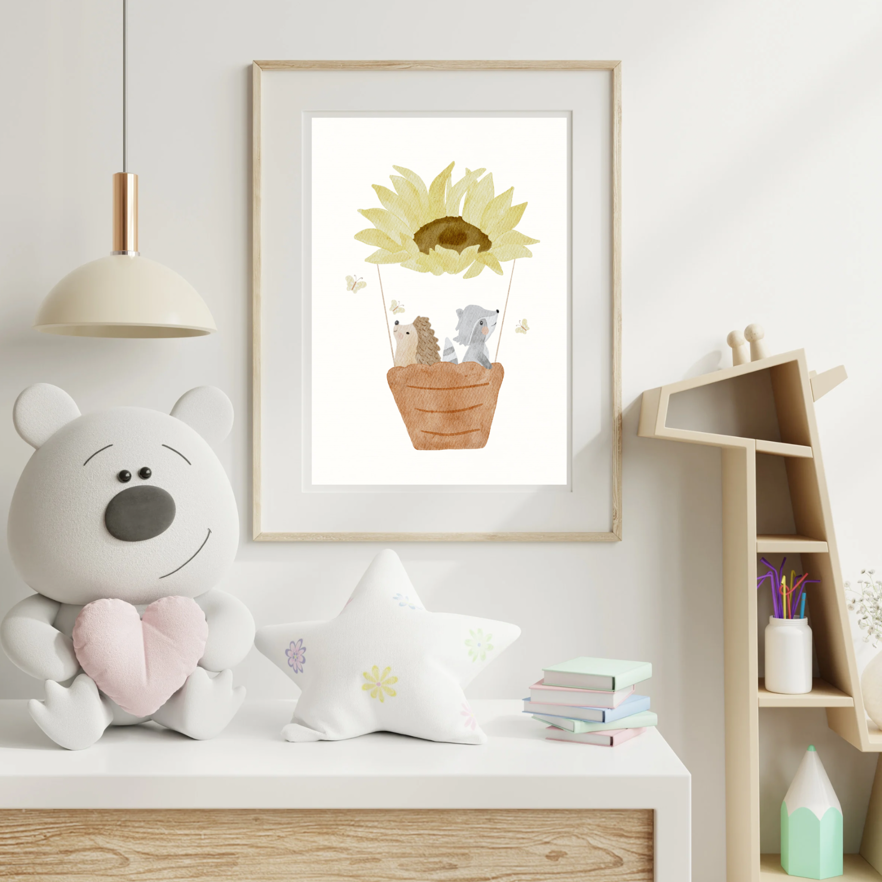 Kinderposter Heißluftballon "Sonnenblume Igel und Waschbär"