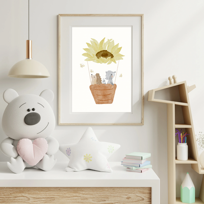 Kinderposter Heißluftballon "Sonnenblume Igel und Waschbär"