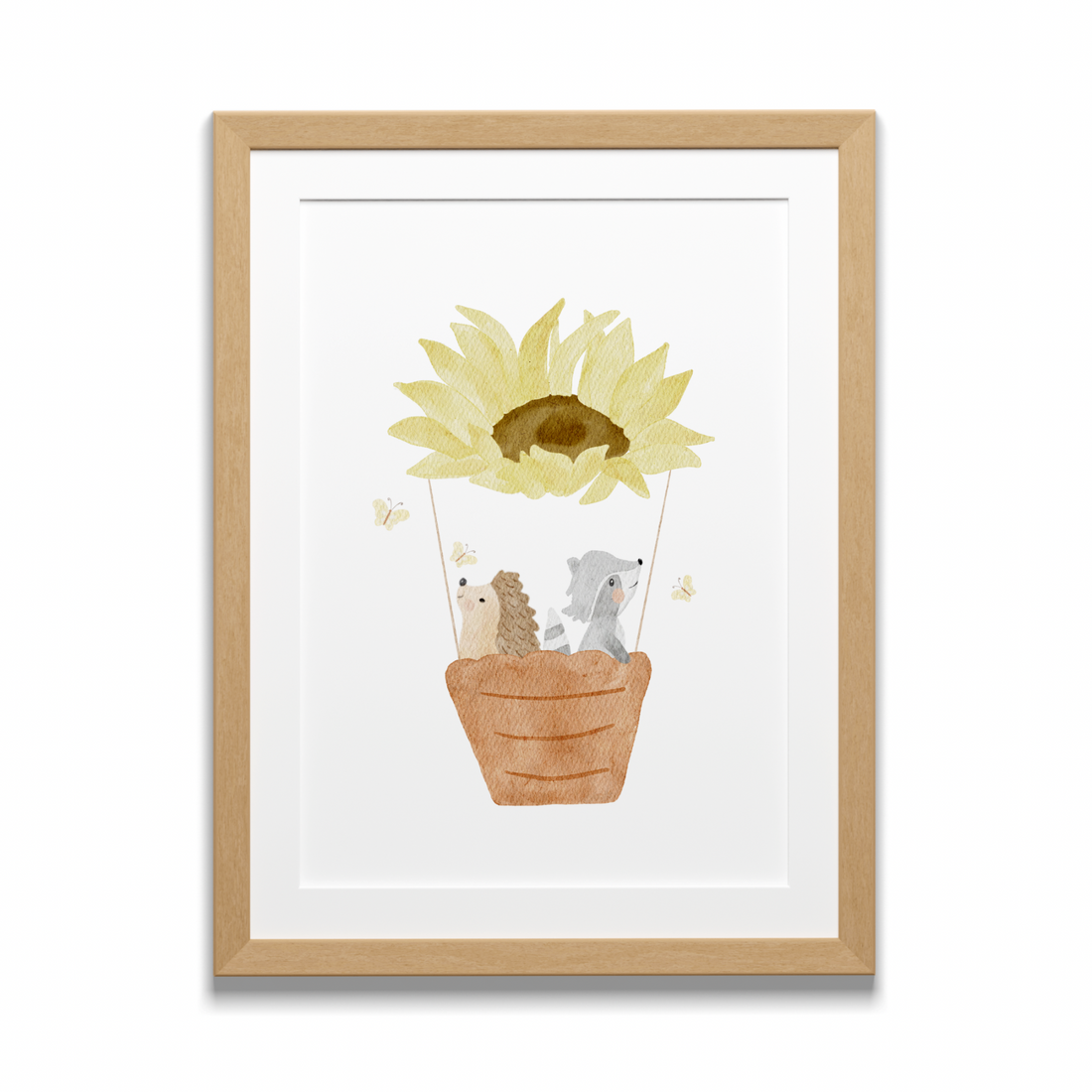 Kinderposter Heißluftballon "Sonnenblume Igel und Waschbär"