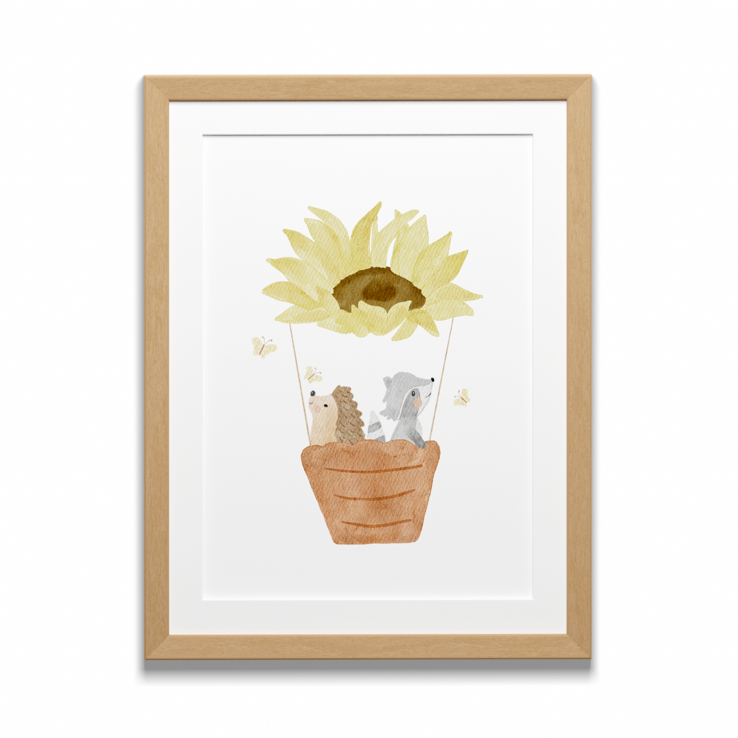 Kinderposter Heißluftballon "Sonnenblume Igel und Waschbär"