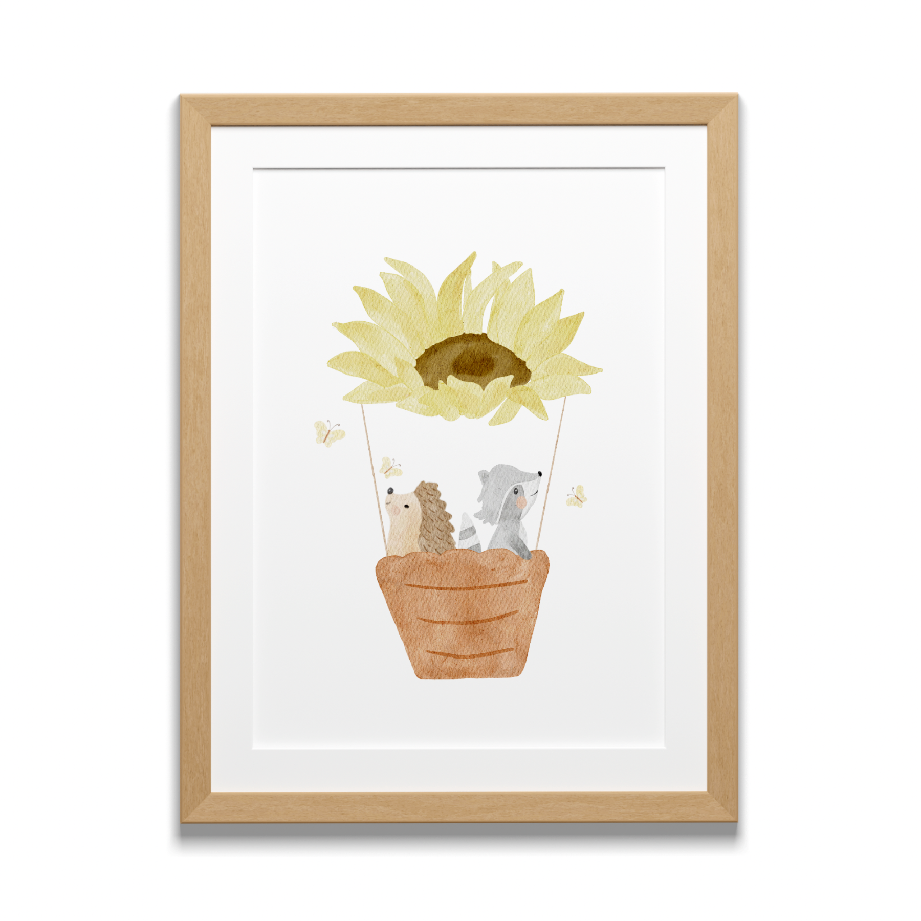 Kinderposter Heißluftballon "Sonnenblume Igel und Waschbär"