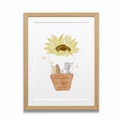 Kinderposter Heißluftballon "Sonnenblume Igel und Waschbär"