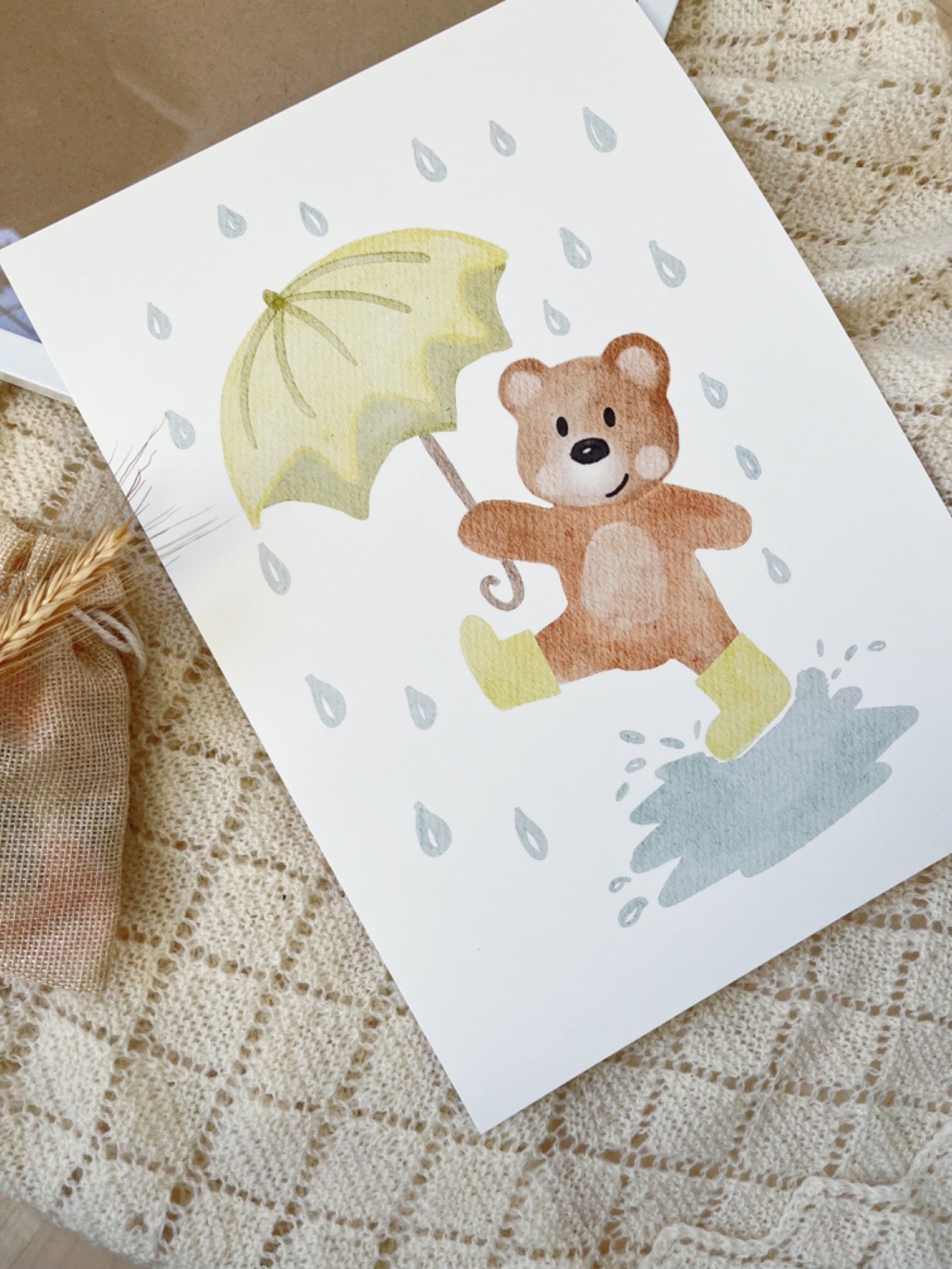 Herbst Kinderposter - Bär mit Regenschirm