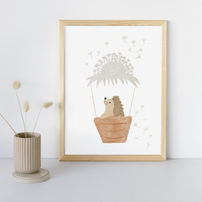 Posterset Igel und Fuchs Pusteblume Heißluftballon mit Spruch, A4 Format