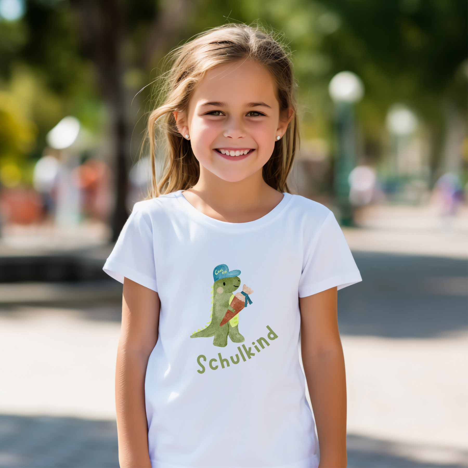 Schulkind Dino mit Schultüte – Bügelbild zur Einschulung